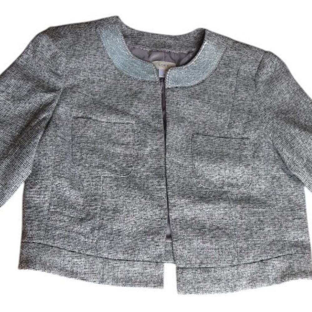 LOFT Silver Cropped Jacket with Sequin Collar | Size 14 | Lined Preppy Glam EUC - Picture 6 of 11